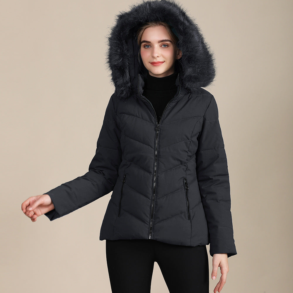 VelourFrost™ Women’s Hooded Cotton-Padded Fur-Collar Jacket
