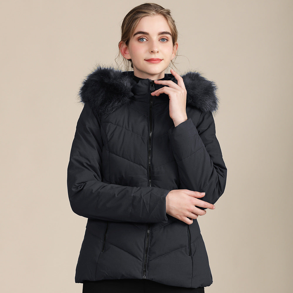 VelourFrost™ Women’s Hooded Cotton-Padded Fur-Collar Jacket