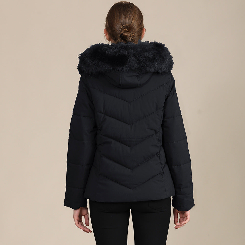 VelourFrost™ Women’s Hooded Cotton-Padded Fur-Collar Jacket