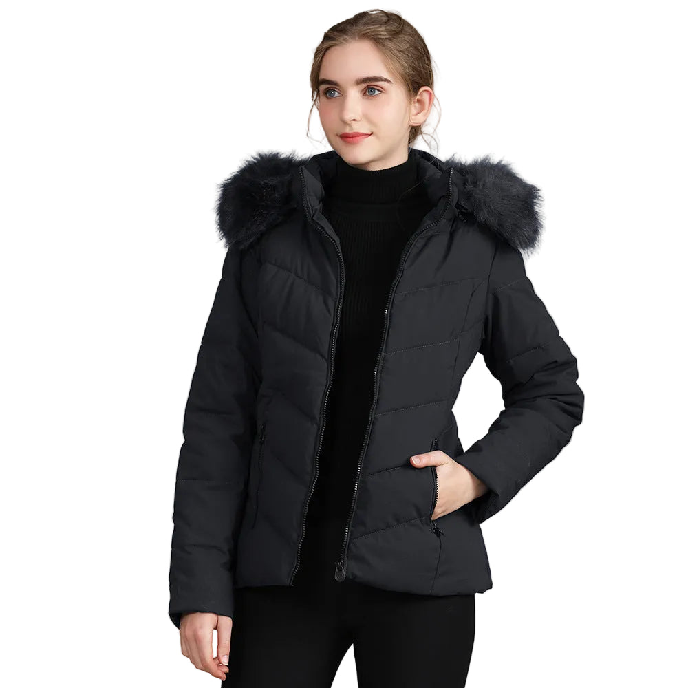 VelourFrost™ Women’s Hooded Cotton-Padded Fur-Collar Jacket