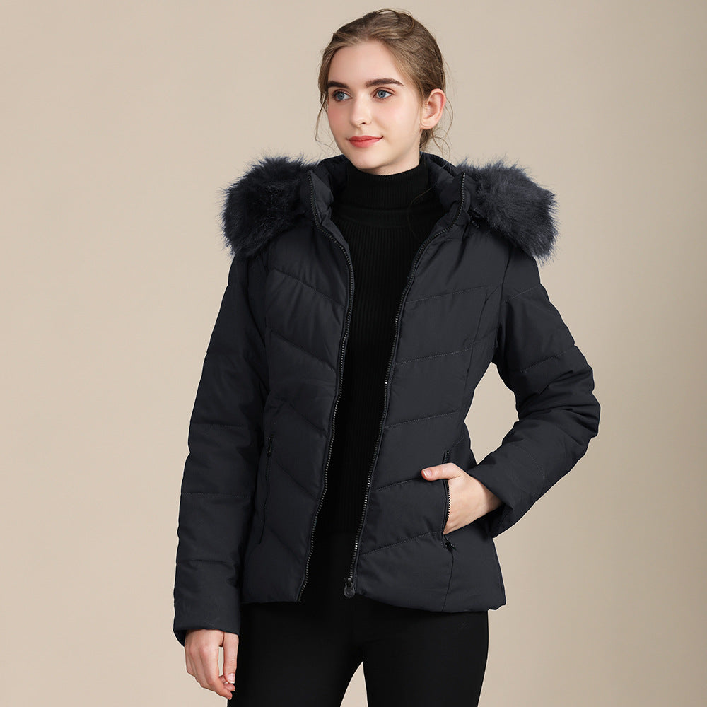VelourFrost™ Women’s Hooded Cotton-Padded Fur-Collar Jacket